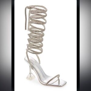 Azalea Wang Mia‎ Crystal Embellished Wrap Sandel Heel Silver 11
